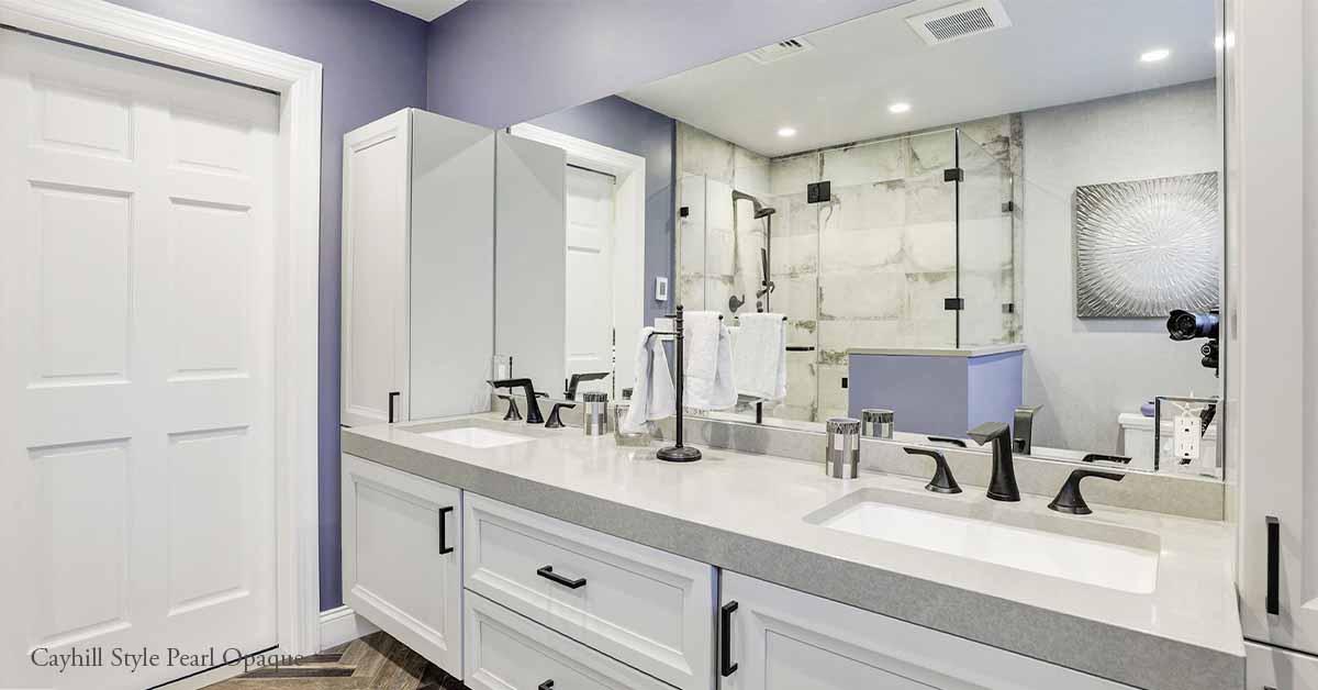 Cayhill Bath Cabinets with Pearl Opaque on Maple